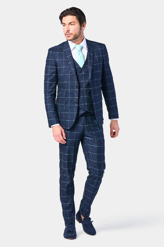 Fashionable Hoodies Navy and Teal Window Pane 3 Piece Suit