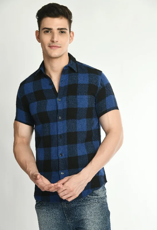 Casual Tops Men's Half Sleeves Blue Flannel Shirt