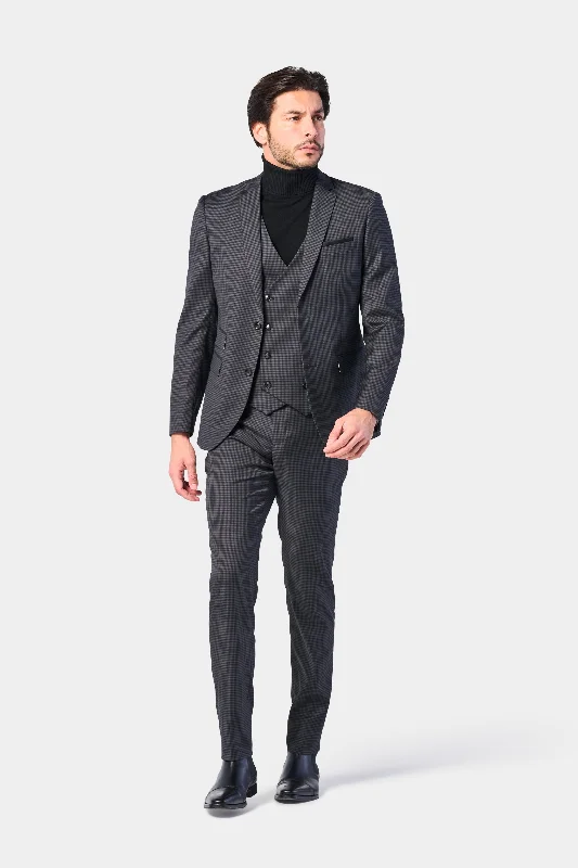 Casual Jackets Gray and Black Mini Check 3 Piece Suit