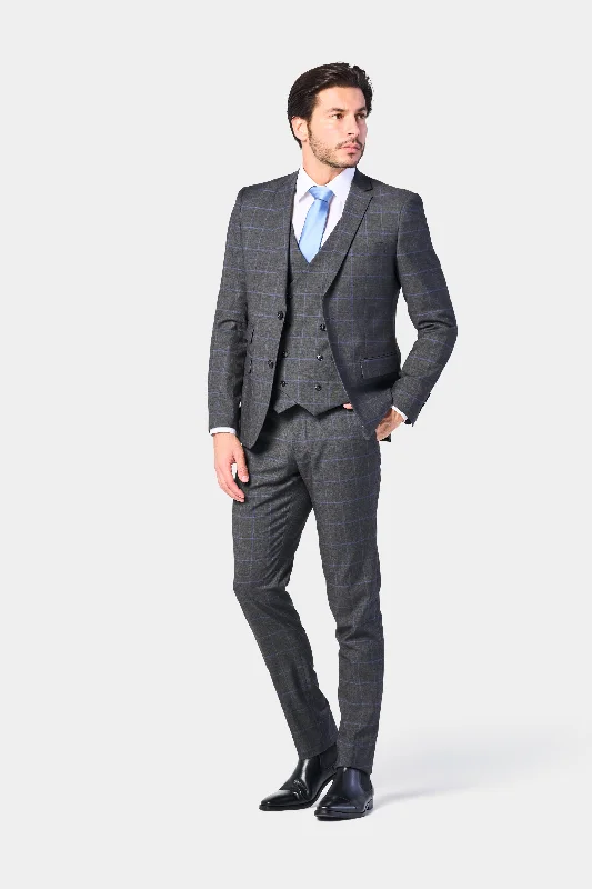 Classic Hoodies Gray and Periwinkle Blue Window Pane 3 Piece Suit