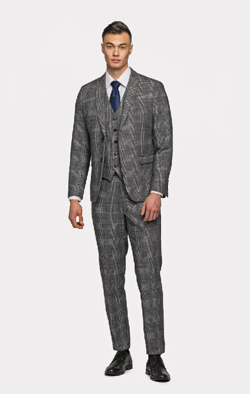 Smart Sweaters Gray Blue Flannel Plaid 3 Piece Suit