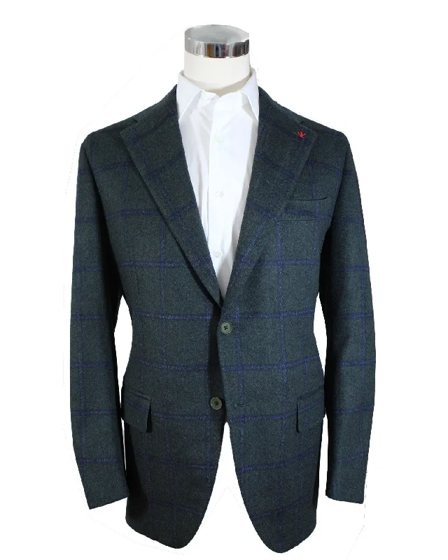 Simple Jeans Isaia Sport Coat Dark Green Midnight Blue Windowpane - Wool Cashmere EU 54/ US 44 SALE