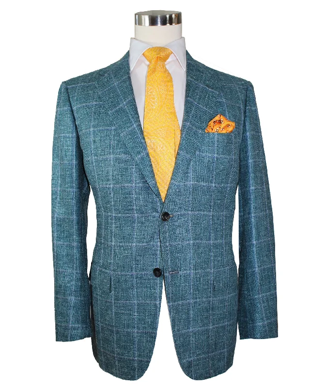 Urban Sweaters Kiton Sport Coat EU 54 / US 42 Cashmere Linen Silk Teal Blue Windowpane