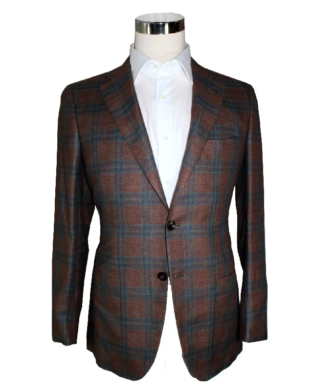 Athletic Tops Kiton Sport Coat EU 48 - US 38 R Brown Turquoise Plaid Linen Cashmere Unlined Blazer REDUCED SALE