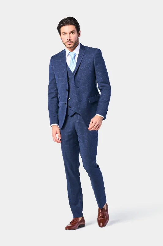 Casual Layers Medium Blue Plaid 3 Piece Suit