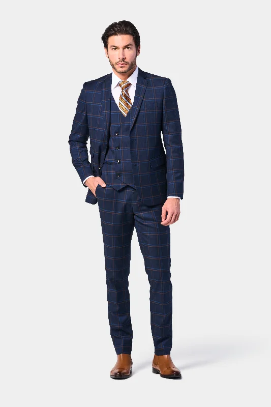 Cozy Outerwear Navy Rust Plaid 3 Piece Suit